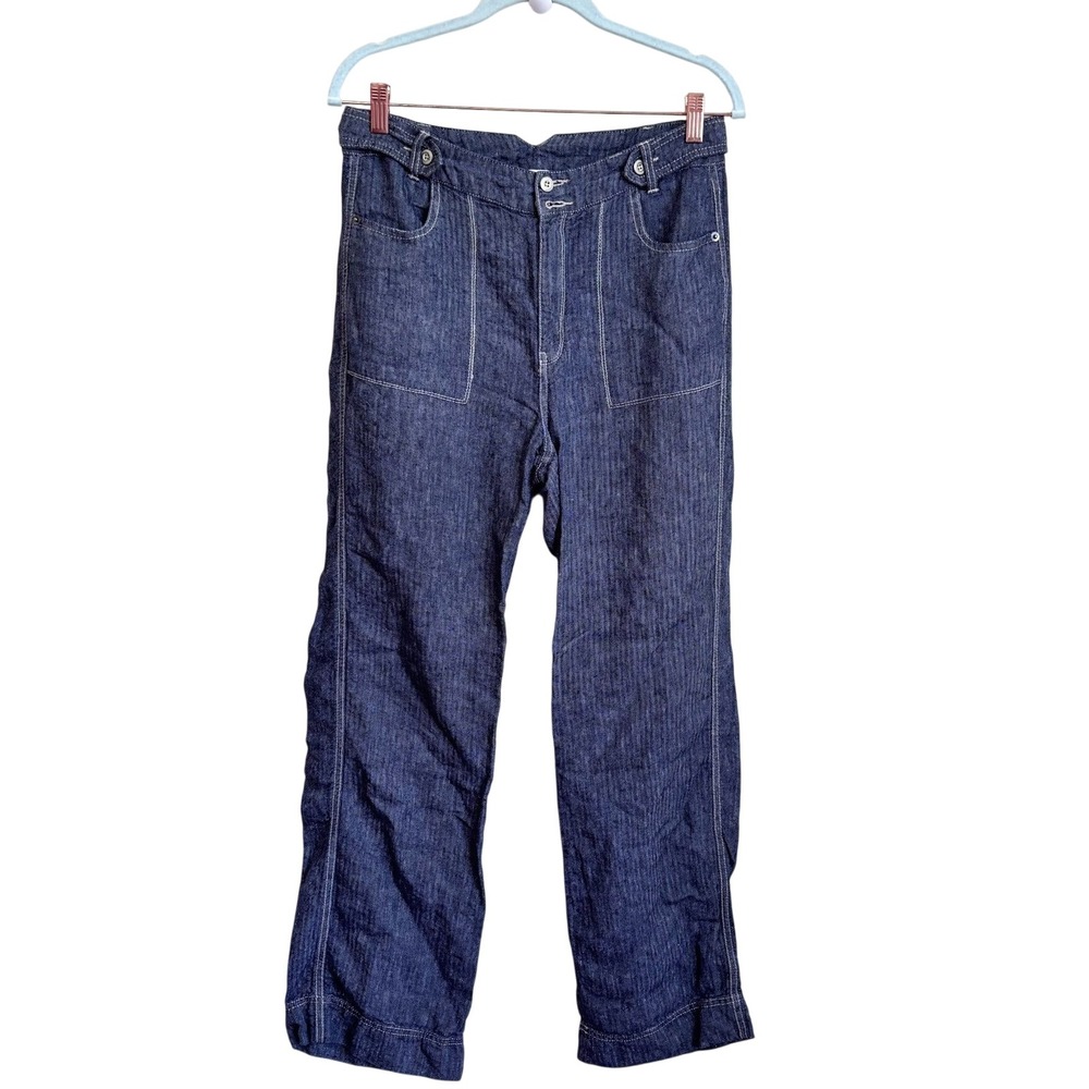 Sundance Women 100% Linen Pants 8 Blue Herringbone Relaxed Fit Boho High Waisted